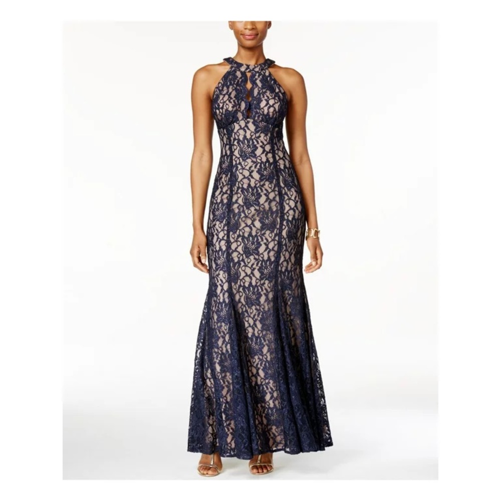 NIGHTWAY Womens Navy Glitter Lace Sleeveless Keyhole Evening Mermaid Dress